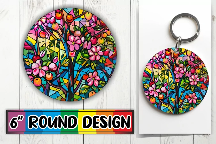 Vibrant Stained Glass Tree Round Design Keychain