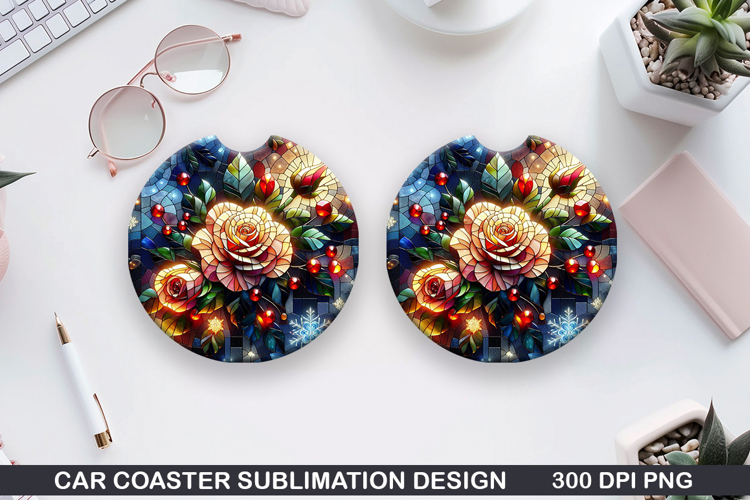 Roses Car Coaster Sublimation| Christmas Coaster PNG Design