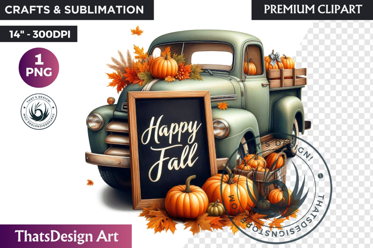 Fall Vintage Truck with Pumpkin PNG clipart thanksgiving