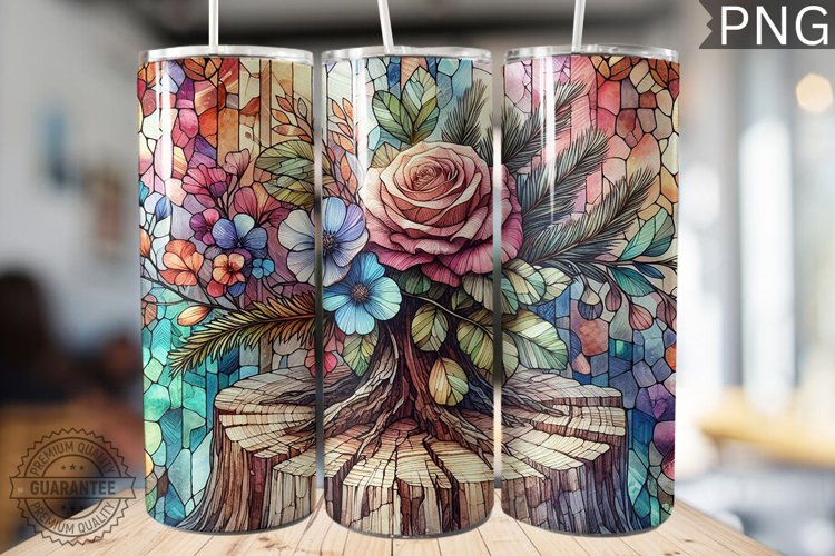 Watercolor Flower Wooden Stump Tumbler - High Quality 3Dpi example image 1