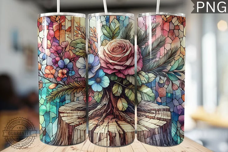 Watercolor Flower Wooden Stump Tumbler - High Quality 3Dpi