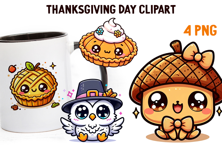 Cute Kawaii Thanksgiving Clipart | Fall Pumpkin Turkey PNG