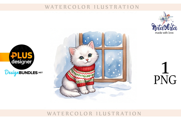 Christmas Kitten in Watercolor Style