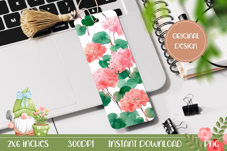 Pink Hydrangea Bookmark, Watercolor Flowers Bookmark Design