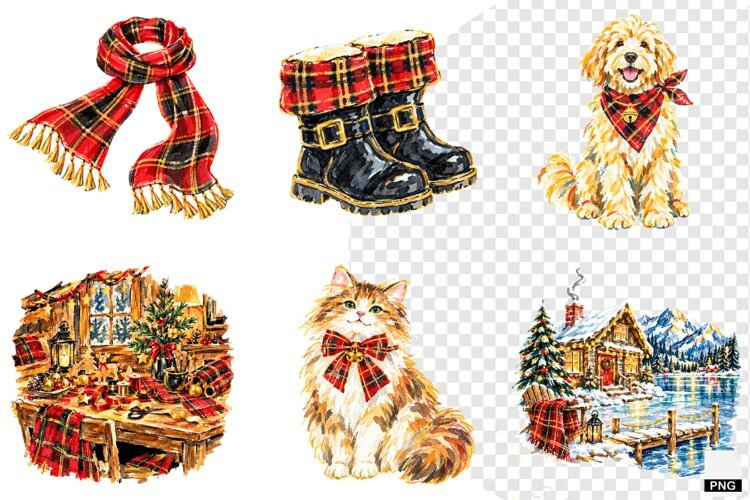 Plaid Cottage Christmas Clipart example image 1