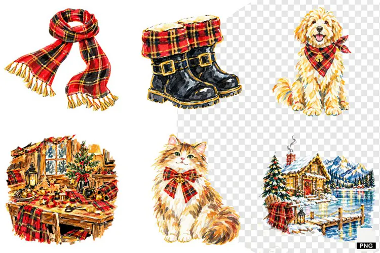 Plaid Cottage Christmas Clipart