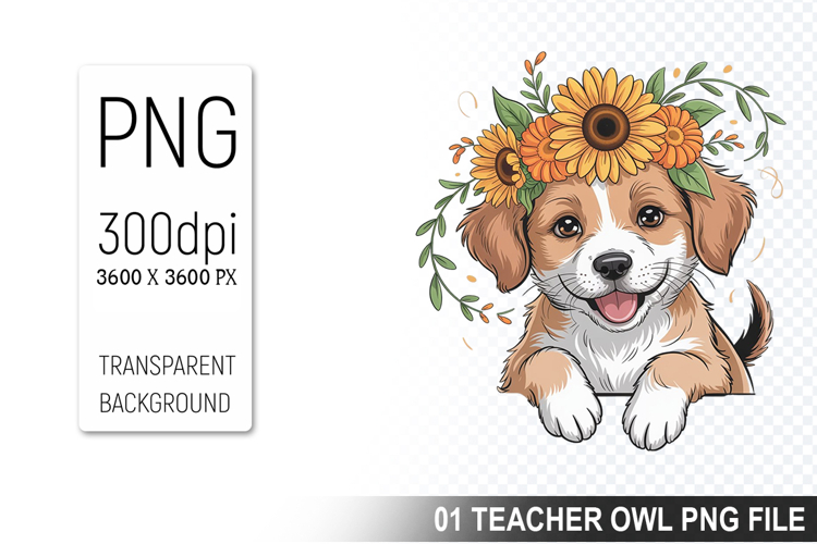 Cute Floral Dog, Animal Sublimation Clipart PNG