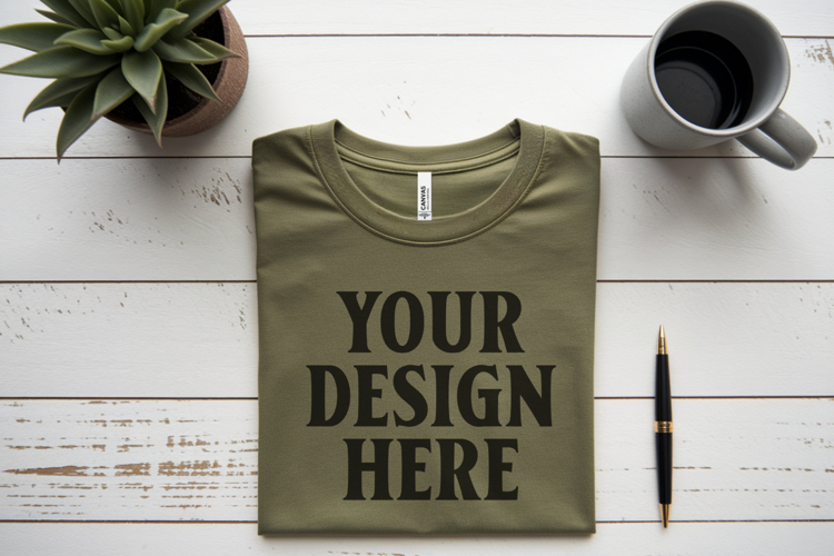 Heather Olive Bella Canvas 3001 Flat Lay T-Shirt Mockup