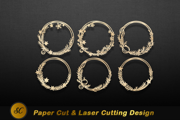 Wooden Christmas Wreath Ornaments golden circular Laser cut