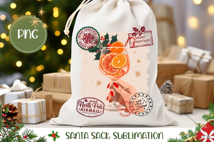 Cartoon Christmas Cocktail Santa Sack, Winter Gift Bag Print