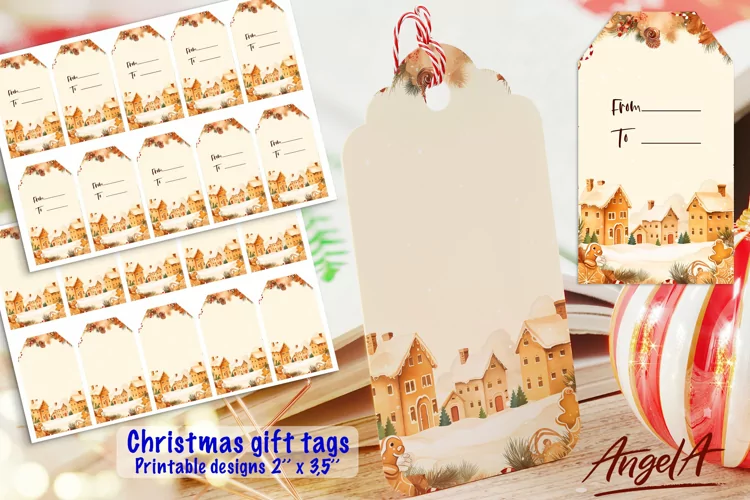 Christmas printable tag, gingerbread houses winter village