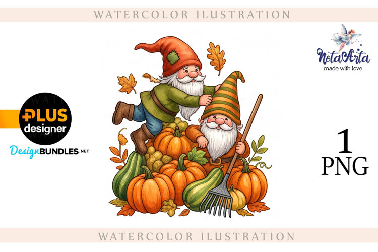 Gnomes with Pumpkin Harvest in Watercolor Style example image 1