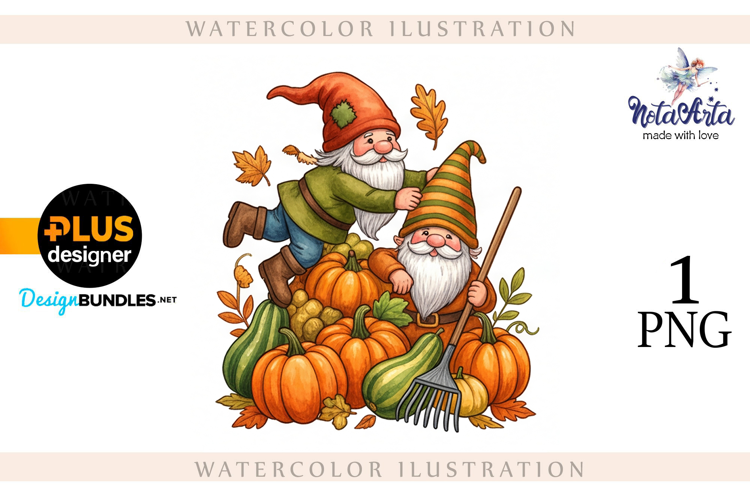 Gnomes with Pumpkin Harvest in Watercolor Style