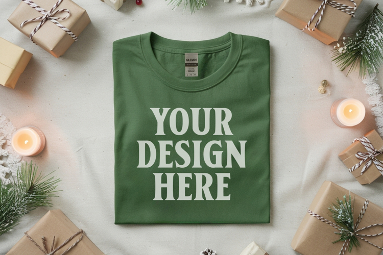 Gildan 5000 Irish Green Folded Christmas Mockup, G5000 mock