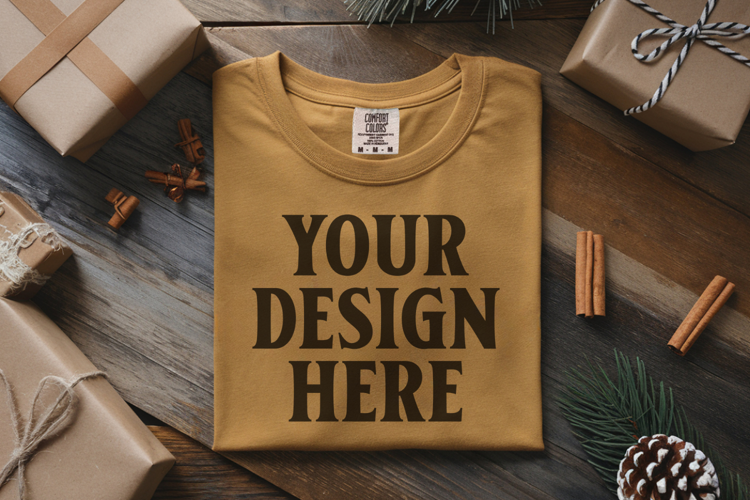 Mustard Comfort Colors 1717 Christmas Folded T-Shirt Mockup
