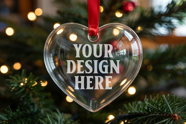 Christmas Heart Crystal Glass Ornament Mockup | Clear Heart