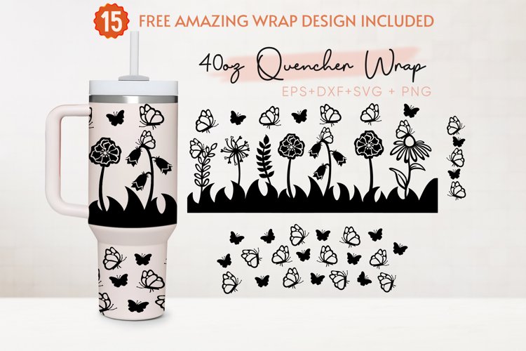 Butterfly With Flowers 40oz Quencher Tumbler, Wildflower