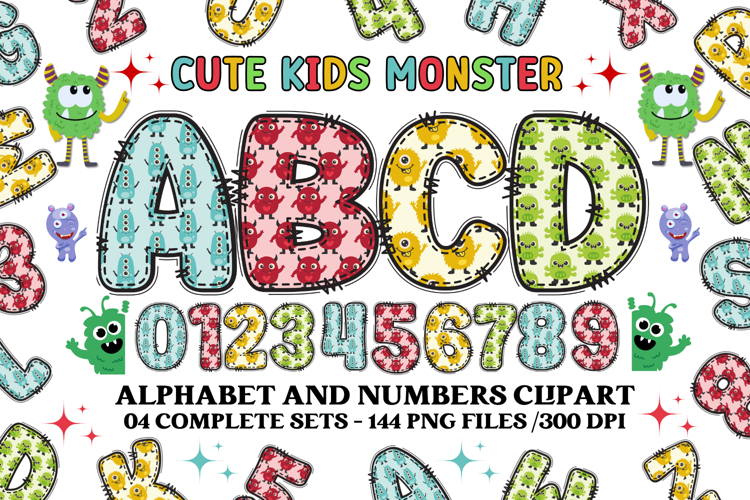 Cute Kids Monster Alphabet & Numbers doodle PNG Clipart
