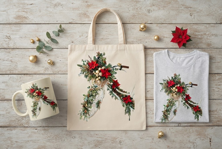 Christmas Bicycle Poinsettia Pine Wreath Holiday Art
