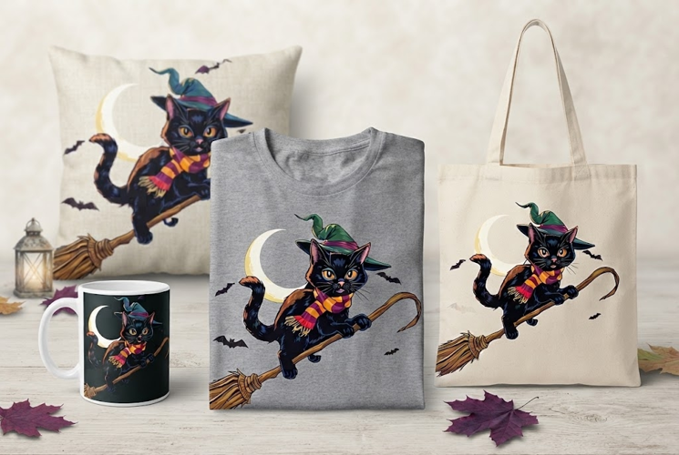 Halloween Witch Cat PNG | Black Cat on Broomstick Clipart