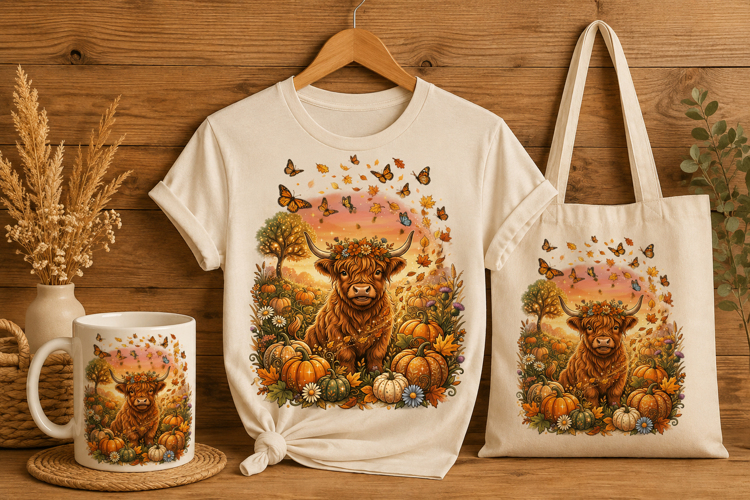 Magical Autumn Highland Cow Pumpkin Patch Art PNG