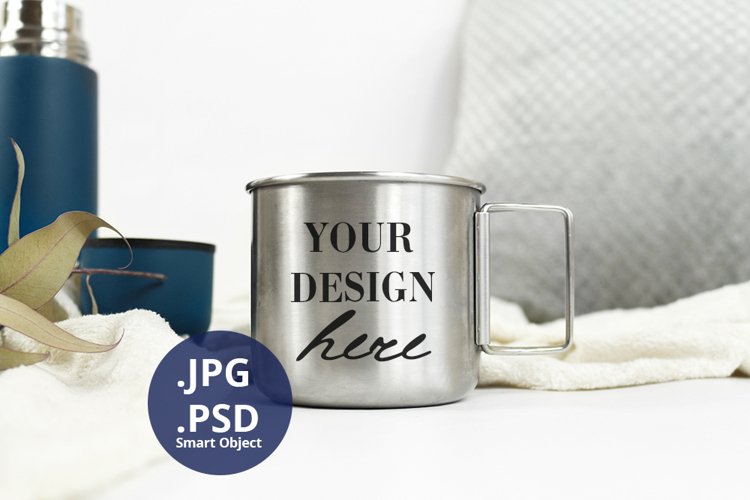 Stainless Steel Camping Mug Mockup, Full wrap PSD mock up example image 1