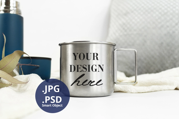 Stainless Steel Camping Mug Mockup, Full wrap PSD mock up