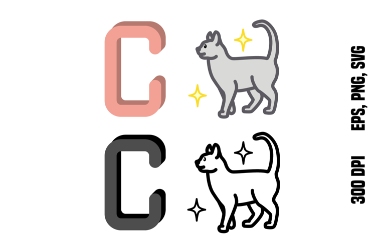 Letter C and Cat. Color and Line Vector