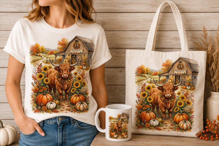 Highland Cow Sunflower Pumpkin Patch Harvest Fall Art example image 1