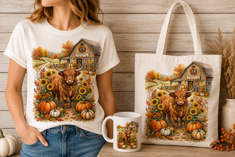 Highland Cow Sunflower Pumpkin Patch Harvest Fall Art