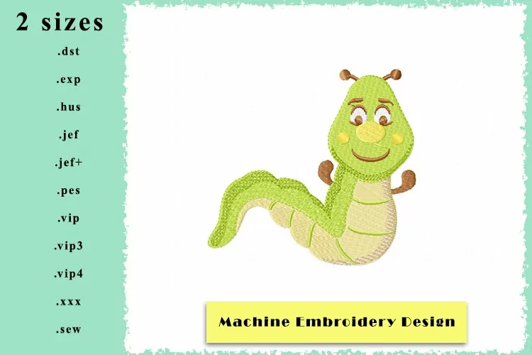 Cute Green Caterpillar Machine Embroidery Design 2 Sizes