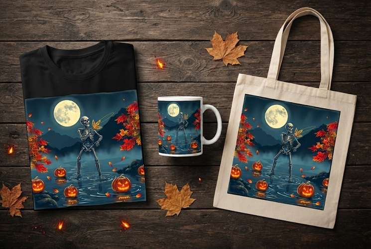 Dancing Skeleton Halloween Design with Autumn Leaves and Moo