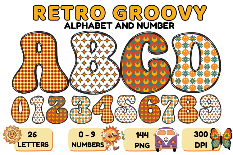 Retro Groovy Alphabert PNG 70s Numbers & Letters 300 DPI