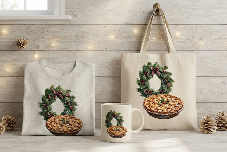 Christmas Pie and Wreath Watercolor Art
