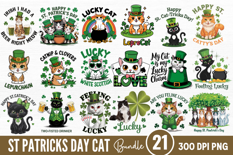 St Patricks Day Cat Sublimation Bundle PNG