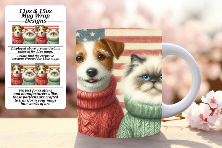 Lovely 15oz Mug Wrap Png Design , Dog and cat