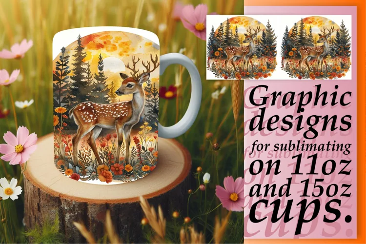 Spring Deer Mug Wrap Sublimation Watercolor