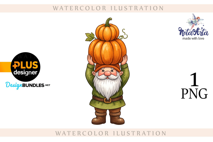 Gnomes with Pumpkin Harvest in Watercolor Style