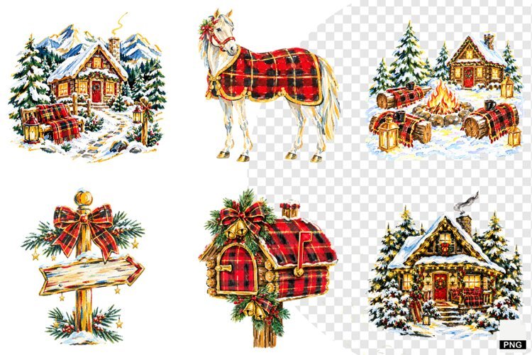 Plaid Cottage Christmas Clipart example image 1