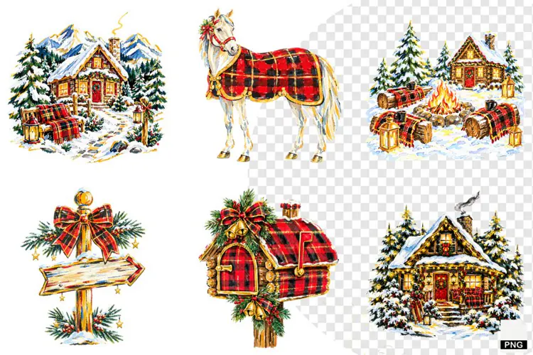 Plaid Cottage Christmas Clipart