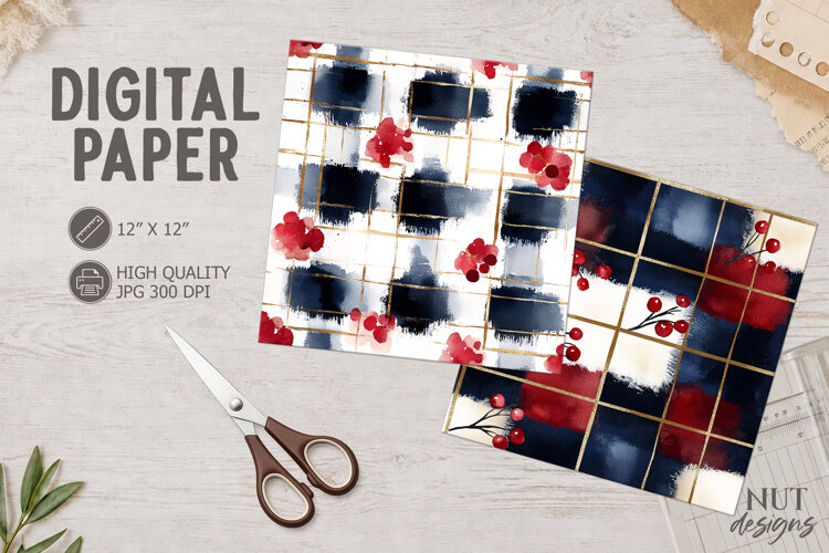 Navy Red Floral Plaid Digital Paper watercolor plaid pattern example image 1