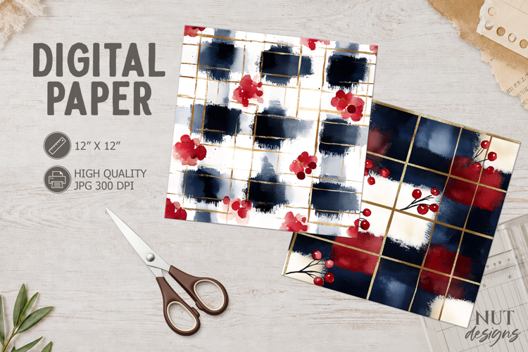 Navy Red Floral Plaid Digital Paper watercolor plaid pattern