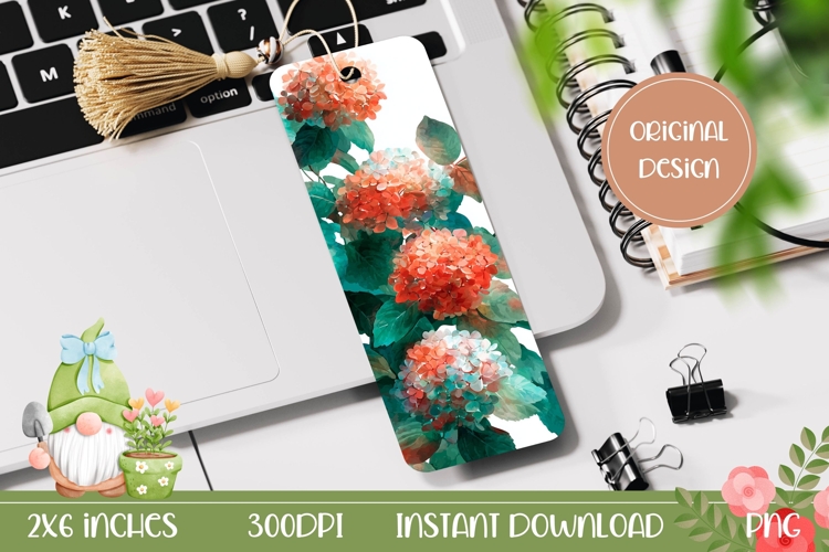 Pink Hydrangea Bookmark Design, Watercolor Flowers Bookmark