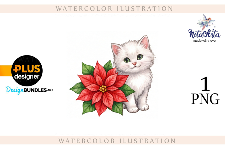 Christmas Kitten in Watercolor Style