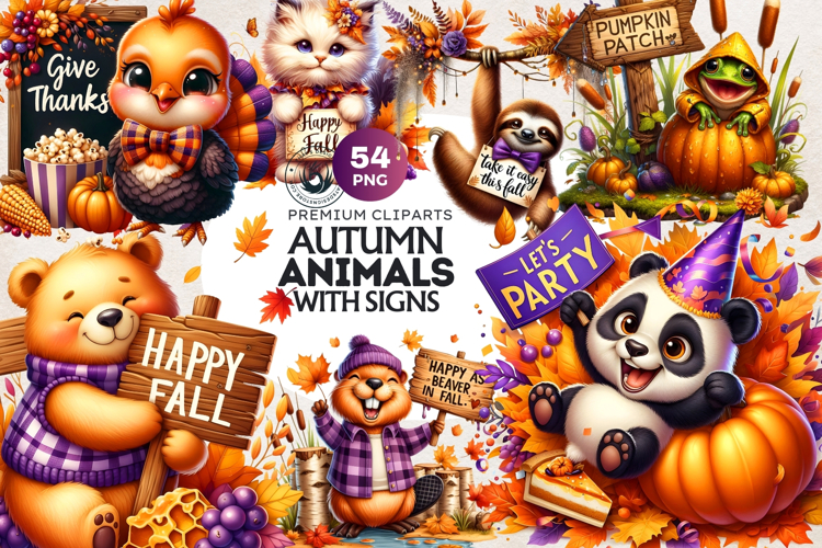 Autumn Cute animals with signs clipart Pumpkin thanksgiving