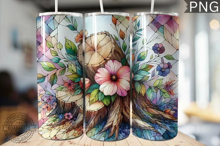 Watercolor Flower Wooden Stump Tumbler - High Quality 3Dpi