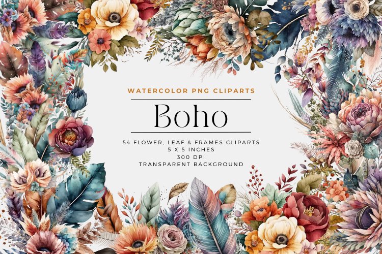 54 Boho Watercolor Flower Clipart example image 1
