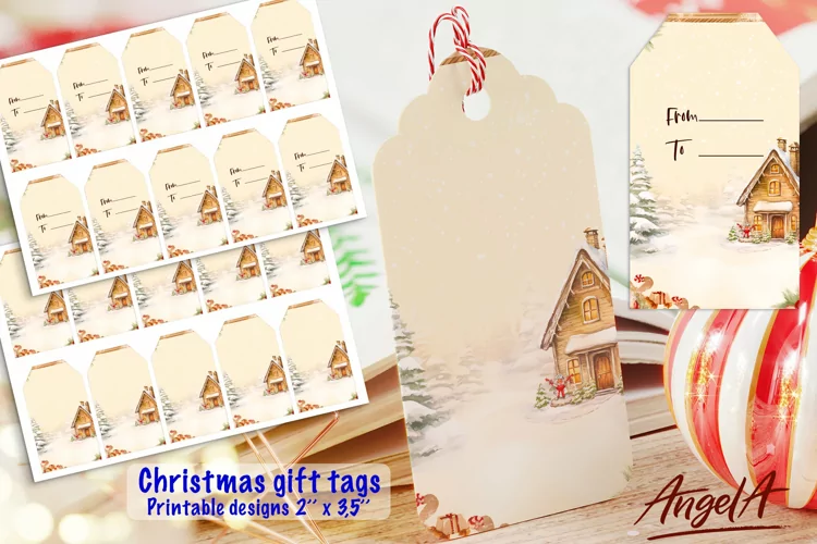 Christmas printable gift tag, winter background, house