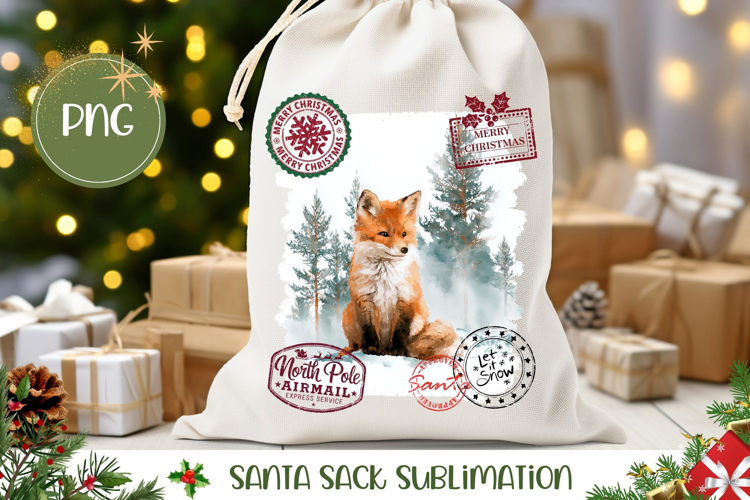 Watercolor Christmas Fox Santa Sack, Winter Fox Gift Bag