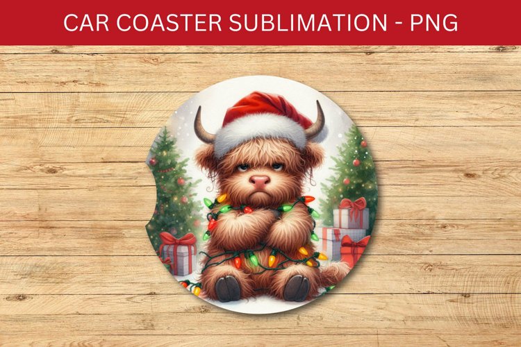 rounded car coaster - grumpy highland cow example image 1